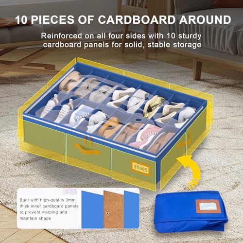 Image of homyfort Shoe Organizer Under Bed, Fits 32 Pairs, Under bed Shoe Storage Boxes with Study Handles and Clear Cover, zapateras organizer for shoes, set of 2