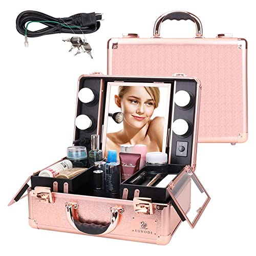 Makeup Train Case, Pro Aluminum Cosmetic Organizer Box Bag With LED & Mirror, Large Capacity Beauty Artist Cosmetic Tools Storage Kit(Rose Gold)