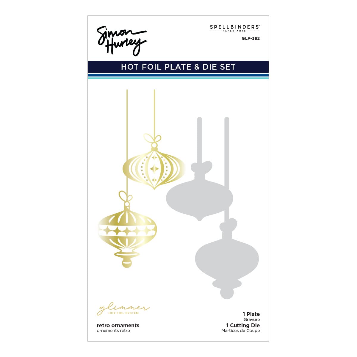 Spellbinders Glimmer Hot Foil Plate & Die By Simon Hurley-Retro Ornaments -Joyful Christmas GLP362