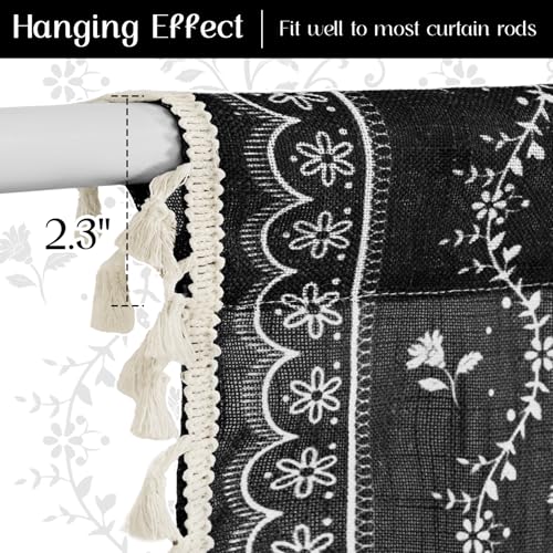 Image of Yinhua Boho Valance Curtains Vintage Linen Kitchen Valances for Windows Light Filtering Bohemian Floral Valance Rod Pocket Tassel Window Valances for Bathroom Cafe, 52 inch W X 18 inch L, Black