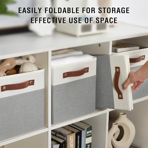 Image of Bagnizer Collapsible Fabric Storage Cube Bins with 2 Reinforced PU Handles, Foldable Storage Organizer Baskets for Closet, Shelves, Living Room | 11 inchx11 inchx11 inch, 4 Pack, Gray & White