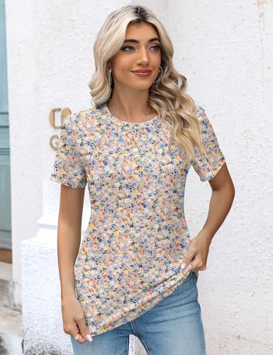 Rapbin Womens Casual Short Sleeve T-Shirts Crew Neck Pleated Tops Fashion Dressy Tunic Blouses,Pink Floral,L - Image 5