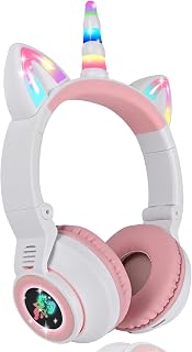SUMERBEE Kids Headphones Wireless Bluetooth, Colorful LED Lights Unicorn Headphones for Kids Teens Adults (Pink-White)