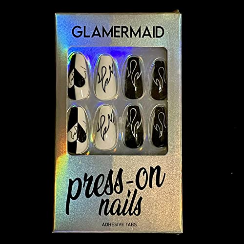 Black Press on Nails Medium Coffin GLAMERMAID, Heart Acrylic Fake Nails with Design Stick Glue on Nails for Women False Nail Tips Sets with 48Pcs Adhesive Tabs Nail File, Cuticle Stick, Ardent Love