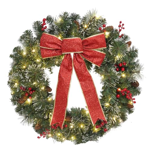 DiliComing 24 Inch Pre-Lit Outdoor Wreath - Battery Operated 55 White Lights Bulbs for Front Door Christmas Decoration