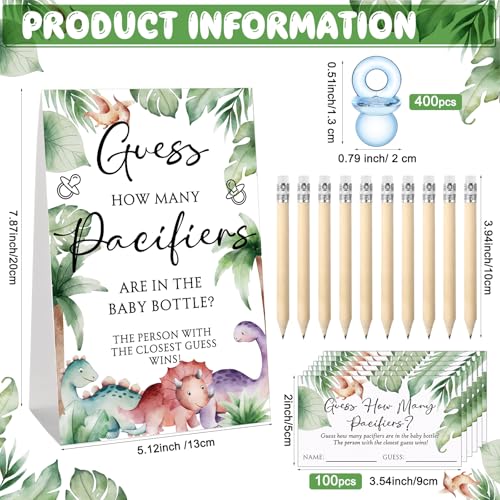 Image of Roowest 512 Pcs Baby Shower Games Guess How Many Pacifiers Sign 100 Small Guessing Games 10 HB Pencils 750ml Milk Bottle 400 Acrylic Pacifiers Decoration for Guest Gender Reveal(Cute,Dinosaur)