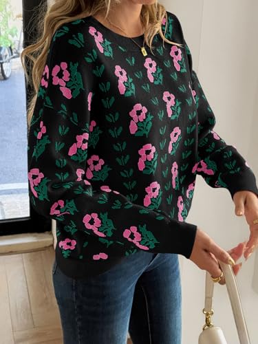 Saodimallsu Womens Long Sleeve Floral Sweaters Fall Crew Neck Casual Loose Knitted Pullover Tops3