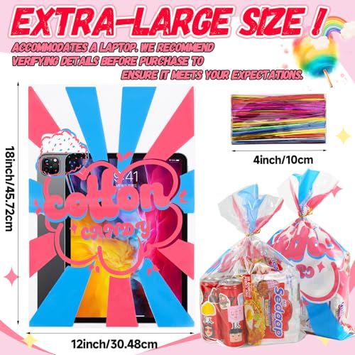 Image of 50 Pcs Cotton Candy Bags with Ties, 12 x 18 Inch Clear Printed OPP Bags for Large Fluffy Cotton Candy, Carnivals, Circus, Birthday Parties & Concession Stand Supplies