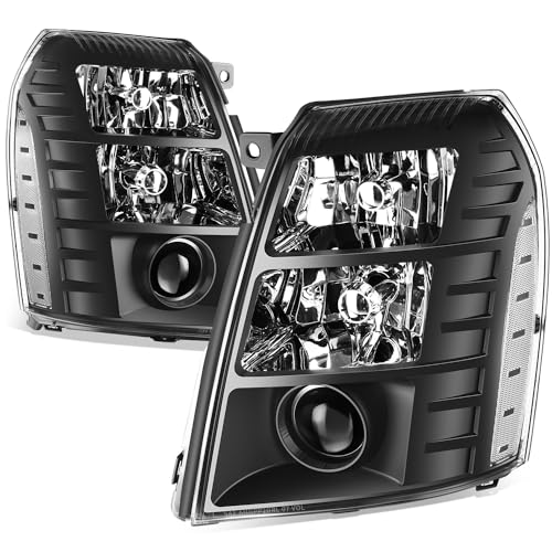 Auto Dynasty Headlights Assembly Compatible with 2007-2014 Cadillac Escalade ESV EST Driver and Passenger Side HID Headlamps Replacement Projector High Low Beam Black Housing Clear Corner