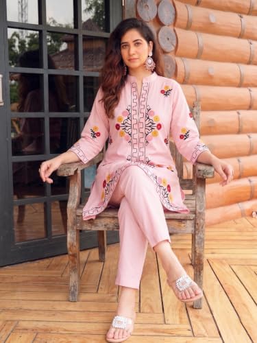 Image of ANNI Designer Women Kurta Set | Cotton Embroidered A-Line Kurta with Pant Co-ord Set | 3 /4 Sleeve Mandarin Collar Kurti Set for Women | Daily Office Party Wedding Ethnic Suit
