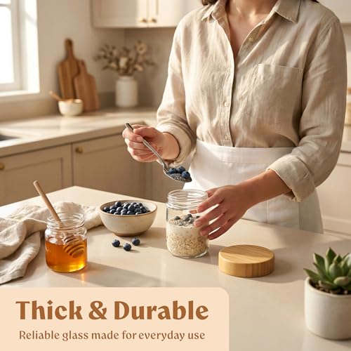 Image of EDELHAUS Overnight Oats Containers with Lids - Glass Mason Jars, Meal Prep | Bamboo Wood, Airtight Silicone Seal Set of 4 - Stackable for Chia Pudding, Yogurt, Cereal, Oatmeal, Salad, Pantry Storage