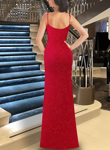 Image of VFSHOW Womens Sexy Formal Ruched Fitted High Slit Bodycon Maxi Dress Spaghetti Strap Sweetheart Cocktail Prom Evening Gown