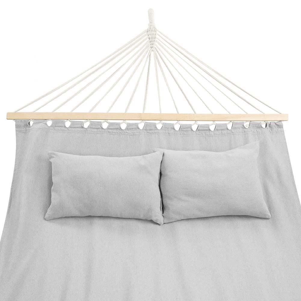 Bakaji Hamac de Jardin Double 2 Places 232 x 148 cm Barres transversales en Bois Revêtement en Polycoton avec 2 Coussins et Sangles Design Moderne pour Jardin Terre Camping (Gris Clair)
