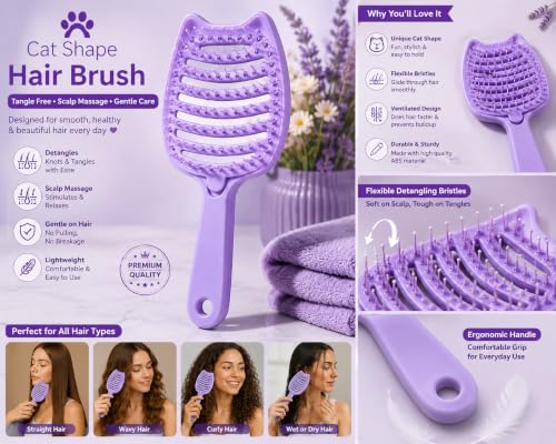 Image of Premium 3D Detangling Hair Brush for Women & Men- Anti Hair Fall Comb for Curly, Wavy & Straight Hair | Hair Straightening Brush, Wet & Dry Styling Brush | Scalp Massager, Frizz Control & Tangle Free Grooming Brush (PACK OF 1) (CAT PURPLE)