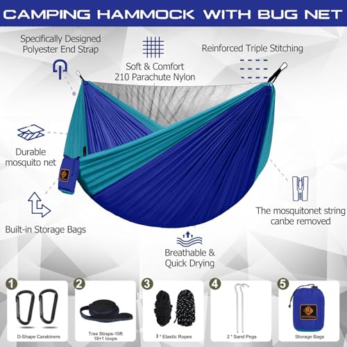 Image of Small Hammock, Camping Hammock with Mosquito Net, Lightweight Nylon Portable Hammock with 10ft Tree Straps,Hammocks for Travel Hiking Backpacking Beach Patio