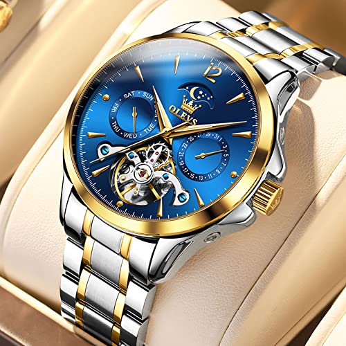 Image of OLEVS Men's Wristwatch, Popular, Mechanical Watch, Men's, Automatic Winding, Skeleton, Moon Phase, Business, Gentleman, Waterproof, Date, Calendar, Blue, Watch for Men, blue, Bracelet Type