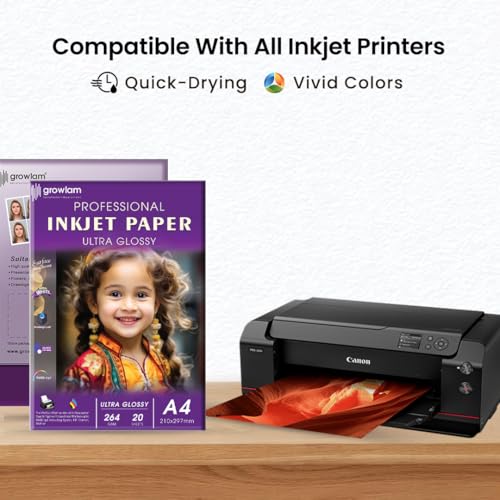 Image of Growlam Ultra Glossy Photo Paper 264 GSM A4 Size, 20 Sheets (Pack of 3) | Waterproof Technology, Instant Drying, Superior Colour Accuracy, Outstanding Ink Absorption, Resin-Coated for Long Durability