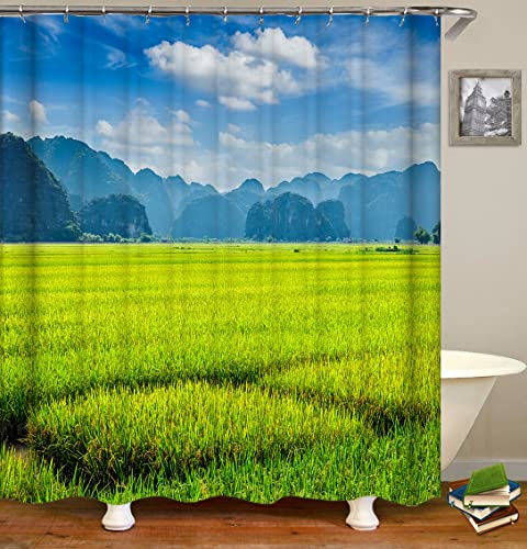 ahbreton Shower Curtains Fabric, Green Rice Plants Farmland Mountain Bumper Natural, Decorative Cloth Print Design Polyester, Bathroom Curtains Set with 12 Hooks（72x72 Inch）(WJ1022)