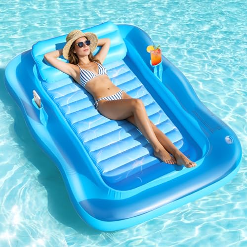 Shinepool Inflatable Tanning Pool Lounger, 71"x48" Tanning Bed Pool Floats w/Pillow & Cup Holders, Thicken Sutan Lounge Float for Adults, Blow Up Sunbathing Floatie Raft for Backyard Lake Water Party - image 1