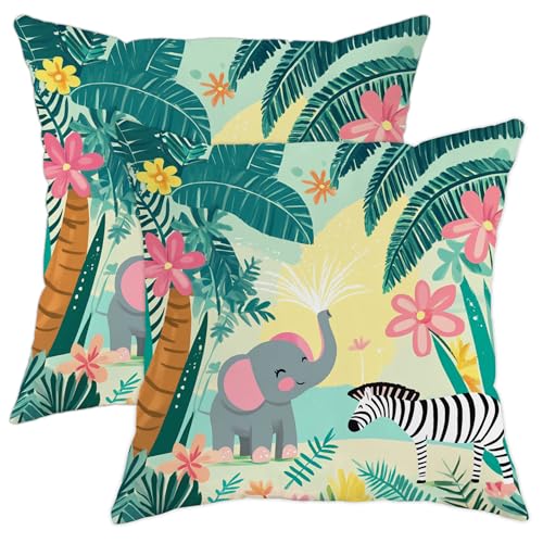Jungle Animals Pillow Covers Set of 2, Colorful Elephant and Striped Horse Cushions, Fun Decorative Throw Pillows for Kids Room Home Sofa Bed Couch 16x16 Inch