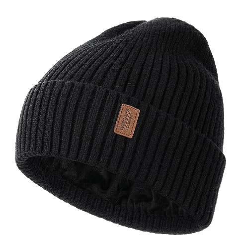 Wmcaps Mütze Herren Winter, Thermo Strickmützen für Herren, Warme Fleece Laufmütze Beanie Damen Herrenmütze Winter, Winddichte Wintermütze Männer Gefütterte Unisex-Mütze(Schwarz)