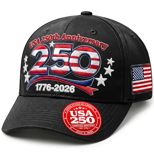 USA 250th Anniversary Hat for Men Women | 1776-2026 American Flag Baseball Cap Embroidered Patriotic 4th of July Hat | 6-Panel Washed Cotton Adjustable Buckle Strap Independence Day Gift