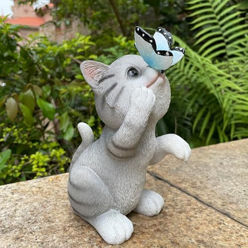 WNXURT Solar Cat Outdoor Figurines Garden Decor with Butterfly Light for Lawn Ornaments Porch Patio Balcony Yard Decorations Outdoor Birthday Gifts for Women Grandma Mother’s Day