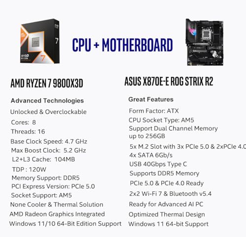 Image of MICRO CENTER AMD Ryzen 7 9800X3D CPU Processor with ASUS ROG Strix X870E-E R2 Gaming WiFi ATX Motherboard (WiFi 7, 5X M.2, PCIe 5.0, USB4 Type-C)