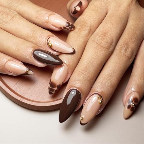 Floruvia 24 pièces Ongles pressés en Amande léopard, Ongles en Faux Fleur Marron 3D avec Perles d'or Style français, kit d'ongles Brillants à Coller pour l'automne et l'hiver pour la manucure des