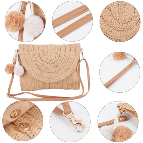 Image of GORGECFAFT Straw Shoulder Bag Straw Bag Clutch Crossbody Woven Wicker Clutch Bag with Two Balls Woven Purse Summer Beach Envelope Clutch Straws Wallet Rattan Bag for Women Travel Holiday