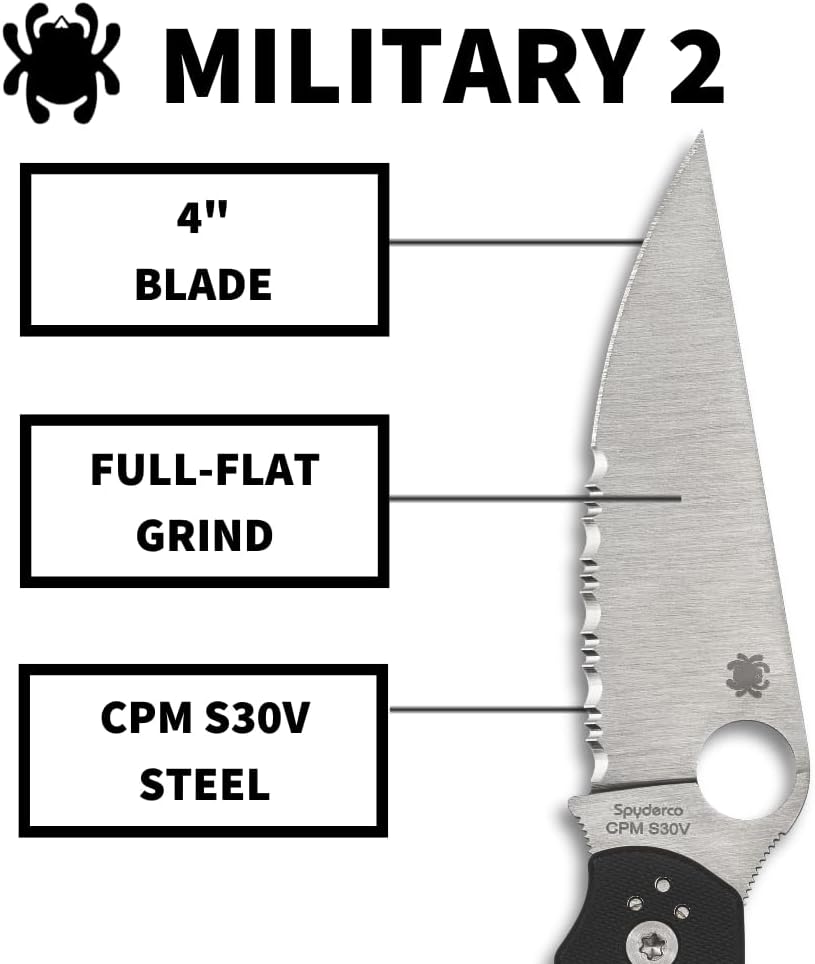 Spyderco Military 2 Folding Pocket Knife with 4" CPM S30V and G-10 Handle - EDC Knife for Men and Women, Perfect for Hunting, Tactical, Camping, Survival, Hiking - CombinationEdge - C36GPS2