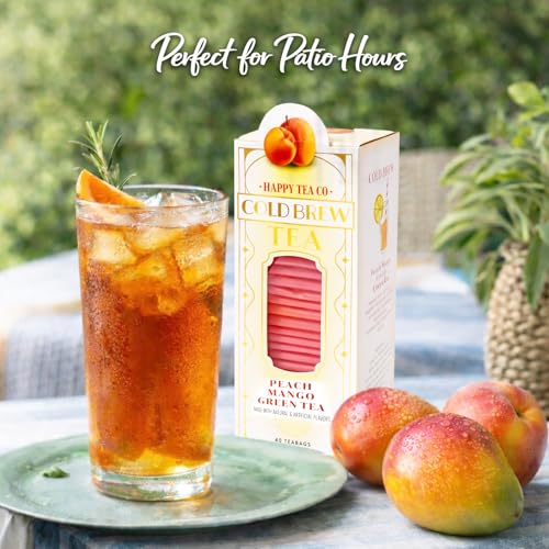Image of Life Plus Style Gourmet Happy Tea Company Peach Mango Green Tea Naturally Refreshing Cold Brew Tea Low Caffeine No Sugar Added Enjoy 40 Individually Wrapped Iced Tea Bags