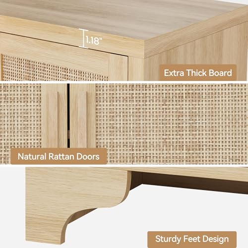 GarveeHome 4-Door Sideboard Buffet Cabinet, Natural Rattan Storage Cabinet, Boho Entryway Console Table, Coffee Bar Station for Dinning Room, Living Room, Kitchen