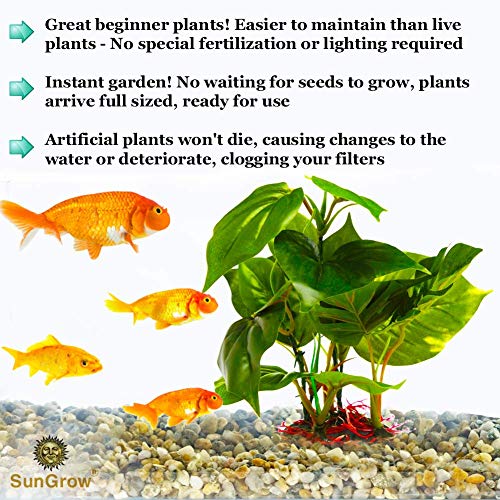 Image of SunGrow Plastic Leaf Plant, Heavy-Duty Ceramic Base, Hiding Spot for Fish, Betta, Angelfish, Gold Fish, Frog, Python, Reptiles, Amphibians (2, 10 Inches)