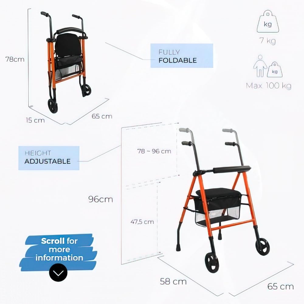 Mobiclinic, Andador Plegable, Ligero, Nerón, con Asiento y Respaldo, 2 ruedas, Conteras Antideslizantes, Máx. 100 Kg, Cesta, Acero, Naranja
