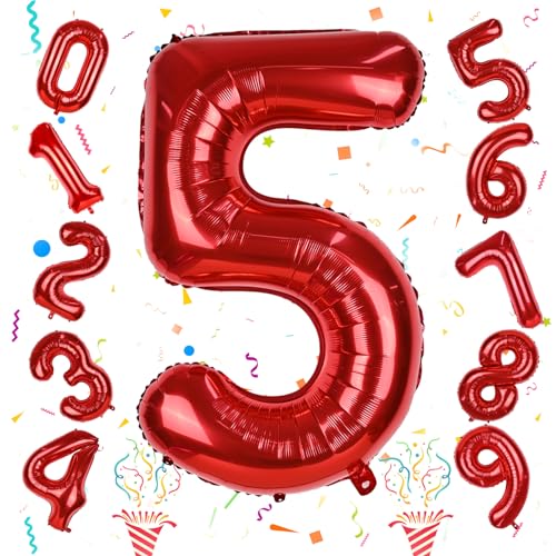 Image of 40 Inch Red Number Balloons, Giant Foil Number 5 Balloons for Girls Boys 5th Birthday, 0-9 Set Balloon for Women Men 25th Birtyday Party Decoration Christmas Anniversary Graduation Decoration Supplies