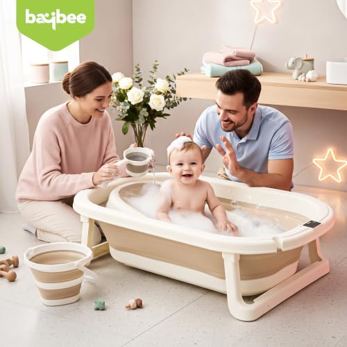 Image of Baybee Aquabee Baby Bath Tub Set for Kids | Portable Bathing Tub with Temperature Sensing | Foldable Bucket & Mug | Bath Seat Chair | Multi-Purpose Bathtub for Baby Bather for 0 to 5 Years (Beige)