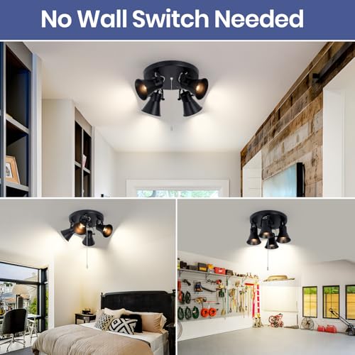 Image of 4-Light Industrial Track Lighting with Pull Chain On /Off Switch, Adjustable Round Kitchen Ceiling Light, Morden Black Flush Mount Directional Light for Kitchen, Hallway, Dining Room.