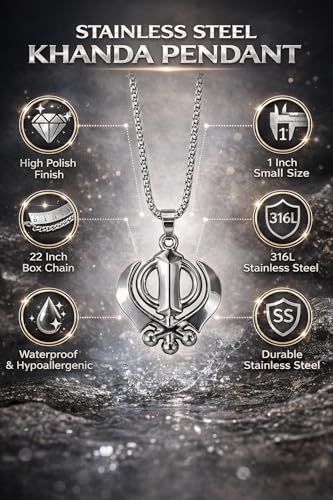 Image of Khanda Sikh Symbol Pendant Necklace for Men & Women | Stainless Steel Silver Religious Khalsa Pendant with Chain | Spiritual Sikh Jewellery | Daily Wear | Gift for Men & Women