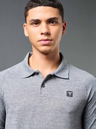 Image of TECHNOSPORT Mens Slim Fit Self-Design Full Sleeve Polo T-Shirt with Double Cool, SPF50+ Proerties for Gym, Workout and Regular Use