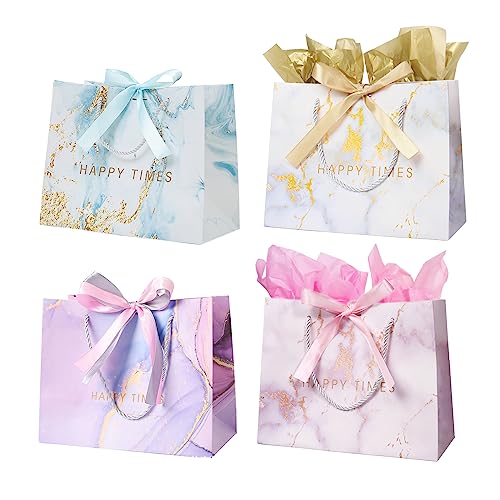 4 Stück Geschenktüten mit Schleifenbändern, 25× 20× 12cm Geschenktaschen mit Henkel Papiertüten für Geburtstag, Hochzeit, Festivalfeier, Weihnachten