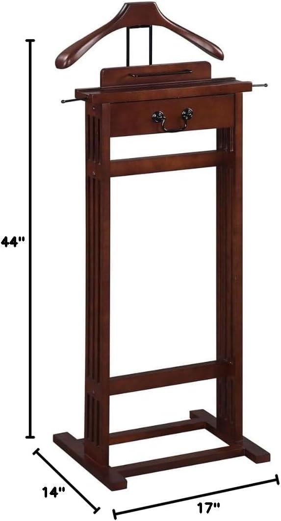 Wooden Wardrobe Valet Stand with Drawer Hanger Elegant Clothes Organizer with Trouser Bar Belt Hooks Shoe Rack and Storage Tray for Bedroom Closet, Dark Walnut