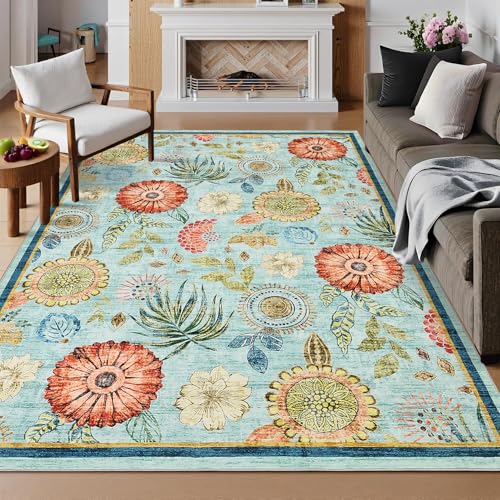 GarveeHome 8x10FT Floral Washable Area Rug, Light Blue Vintage Boho Low Pile Non Slip, Soft Indoor Large Rug for Living Room, Bedroom, Dining Room, Office