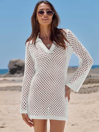 ANRABESS Women Swimsuit Crochet Swim Cover Up Summer Bathing Suit Swimwear Polo V Neck Mesh Knit Beach Dress Vacation Outfits3