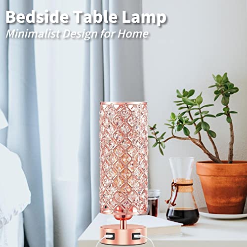 Brabola Crystal Table Lamps, Rose Gold Touch Desk Lamp Bedside Pink Lamp With 2 Usb Charging Port Nightstand Night Light Room Decor For Bedroom, Kids Room, Home Office, Living Room,Bar, Restaurant #TOP2