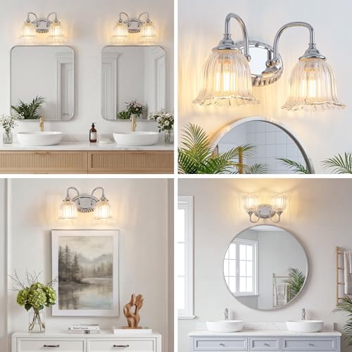 Image of Chrome 2-Light Bathroom Light Fixtures with Floral Glass Shade | Vintage Vanity Lights Wall Sconces Over Mirror for Bathroom Powder Room