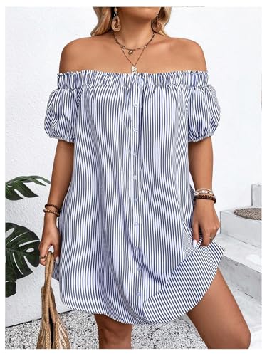 Image of Floerns Women's Plus Size Striped Off Shoulder Short Sleeve Button Tunic Dress