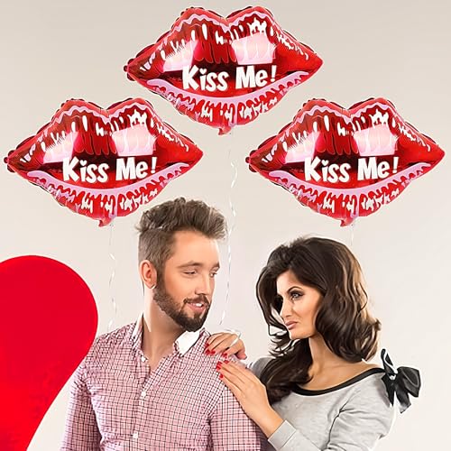 Image of Valentine Day Balloons Kiss Me Balloons Red Lips Shape Foil Balloons Valentine's Day Aluminum Balloons Set for Party Decorations Anniversary Wedding Supplies 3PCS
