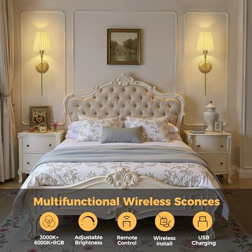 Image of DORESshop Battery Operated Wall Sconce Set of 2, 10 Color Wireless Wall Light Easy to Install, Sconce Wall Decor Set of 2 for Bedroom, Living Room, Pleated Fabric Shade, Gold, 24.6in