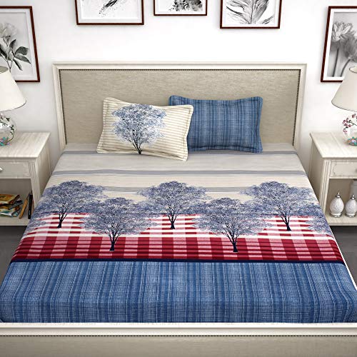Image of Story@Home Bedsheet for King Size Bed Fine Cotton Luxurious Soft Comfort Tree Pattern King Size Bedsheet & 2 Pillow Covers - (270 X 270 Cm) Blue & Cream | Perfect for Diwali Gifting-260 TC